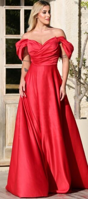 Red Low Sleeve Wrap Slit Flared Skirt Satin Long Evening Dress 7568 