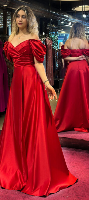 Red Low Sleeve Wrap Slit Flared Skirt Satin Long Evening Dress 7568 - 3