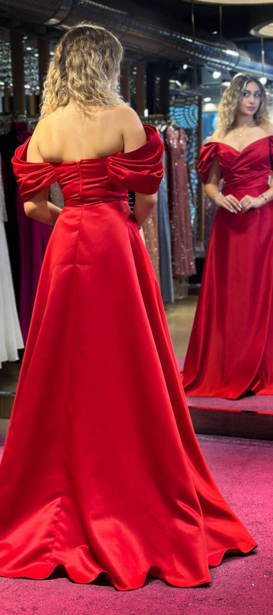 Red Low Sleeve Wrap Slit Flared Skirt Satin Long Evening Dress 7568 - 5