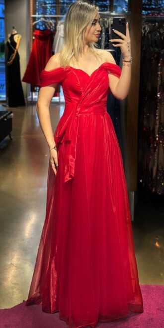 Red Low Sleeve Wrap Slit Flared Skirt Tulle Long Evening Dress 7607 - 1