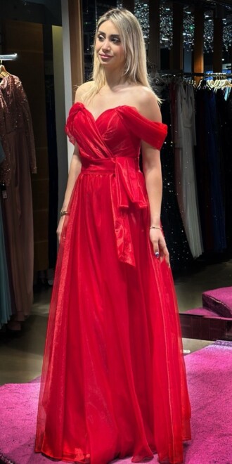 Red Low Sleeve Wrap Slit Flared Skirt Tulle Long Evening Dress 7607 - 3