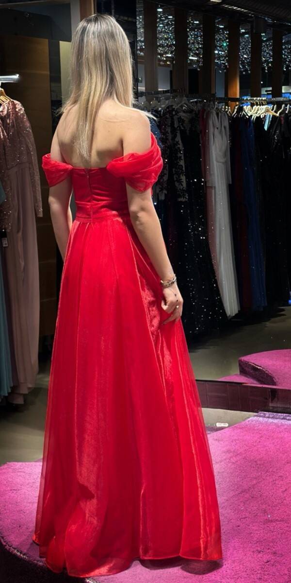 Red Low Sleeve Wrap Slit Flared Skirt Tulle Long Evening Dress 7607 - 5