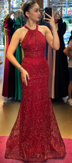 Red Mermaid Skirt Glitter Long Evening Dress 7460 - 1