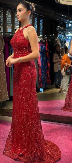 Red Mermaid Skirt Glitter Long Evening Dress 7460 - 3