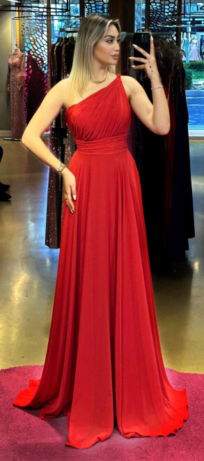 Red One Shoulder Flared Skirt Chiffon Long Evening Dress 7517 