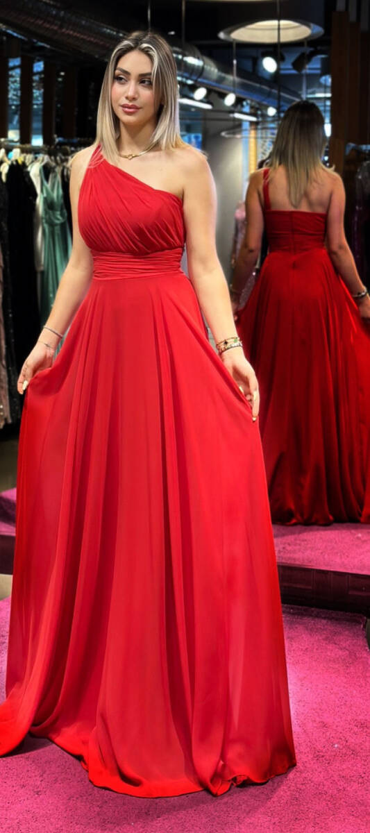 Red One Shoulder Flared Skirt Chiffon Long Evening Dress 7517 - 3