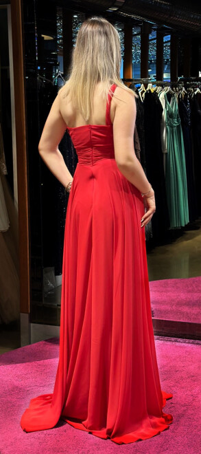 Red One Shoulder Flared Skirt Chiffon Long Evening Dress 7517 - 5