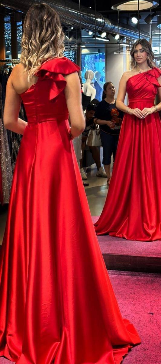 Red One Shoulder Flared Skirt Satin Long Evening Dress 7501 - 5