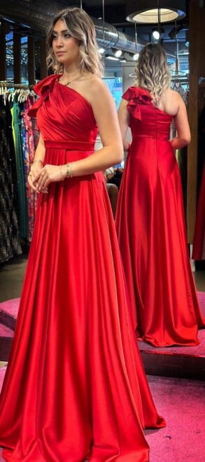 Red One Shoulder Flared Skirt Satin Long Evening Dress 7501 - 3