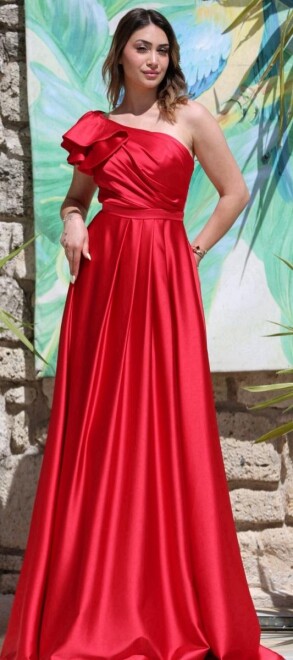 Red One Shoulder Flared Skirt Satin Long Evening Dress 7501 