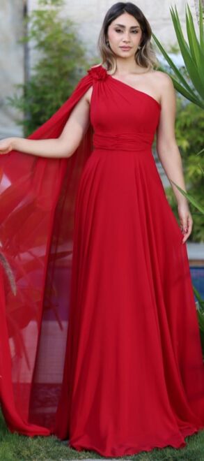 Red One Shoulder Floral Detailed Flared Skirt Chiffon Long Evening Dress 7401 