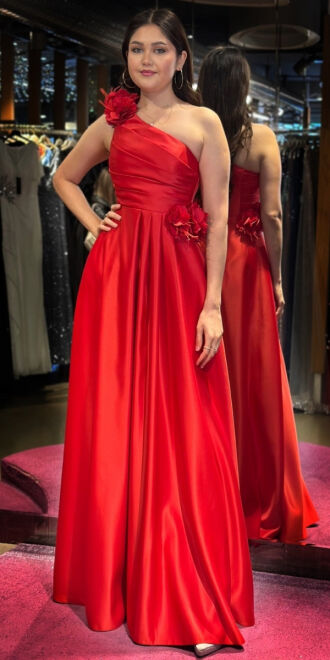 Red One Shoulder Floral Detailed Flared Skirt Satin Long Evening Dress 7659 