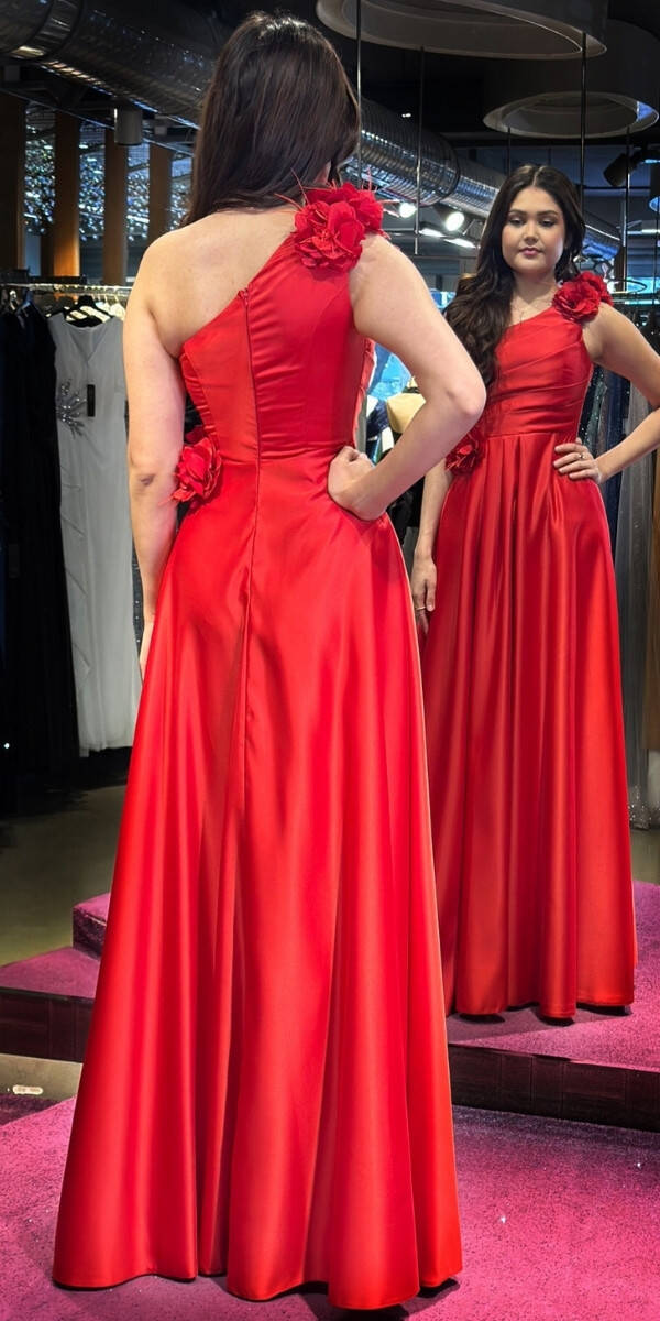 Red One Shoulder Floral Detailed Flared Skirt Satin Long Evening Dress 7659 - 5