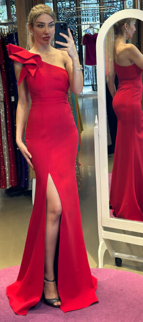 Red One Shoulder Slit Straight Cut Crepe Long Evening Dress 6956 