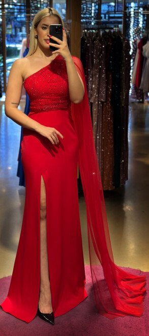 Red One Shoulder Slit Straight Cut Crepe Long Evening Dress 7550 