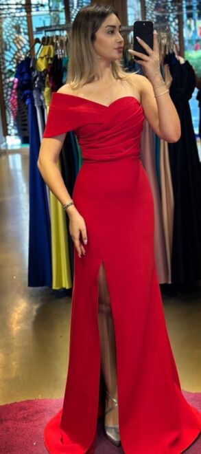 Red One Shoulder Slit Straight Cut Crepe Long Evening Dress 7571 