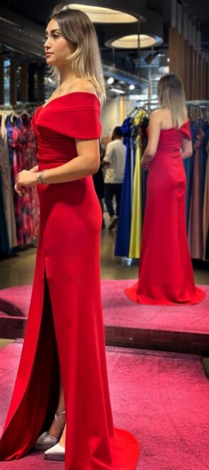 Red One Shoulder Slit Straight Cut Crepe Long Evening Dress 7571 - 3