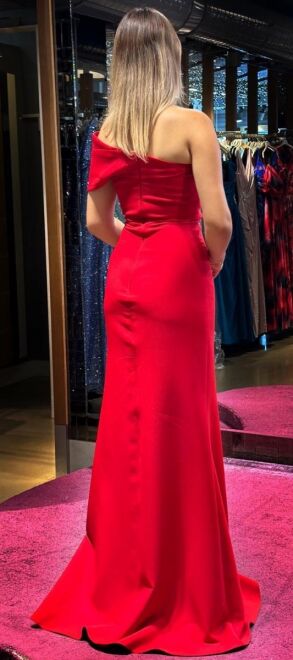 Red One Shoulder Slit Straight Cut Crepe Long Evening Dress 7571 - 5