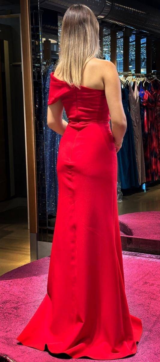 Red One Shoulder Slit Straight Cut Crepe Long Evening Dress 7571 - 5