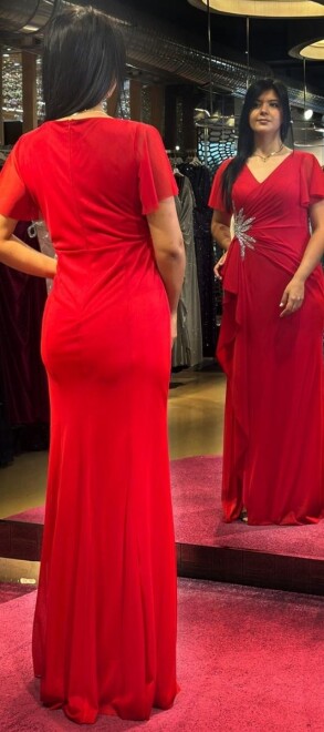 Red Short Sleeve Stone Detailed Slit Straight Cut Tulle Long Evening Dress 7613 - 4