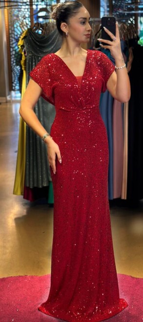 Red Short Sleeve Straight Cut Sequin Long Evening Dress 7499 - 1