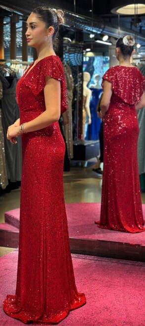 Red Short Sleeve Straight Cut Sequin Long Evening Dress 7499 - 3