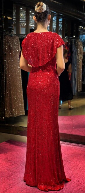 Red Short Sleeve Straight Cut Sequin Long Evening Dress 7499 - 5