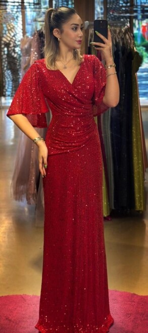 Red Short Sleeve Straight Cut Sequin Long Evening Dress 7572 