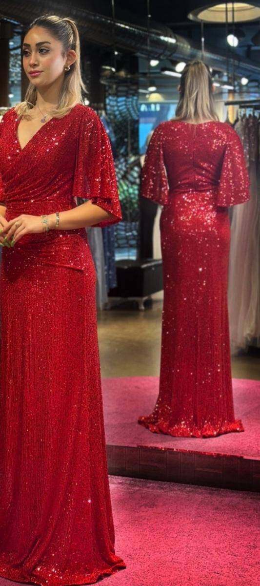 Red Short Sleeve Straight Cut Sequin Long Evening Dress 7572 - 3