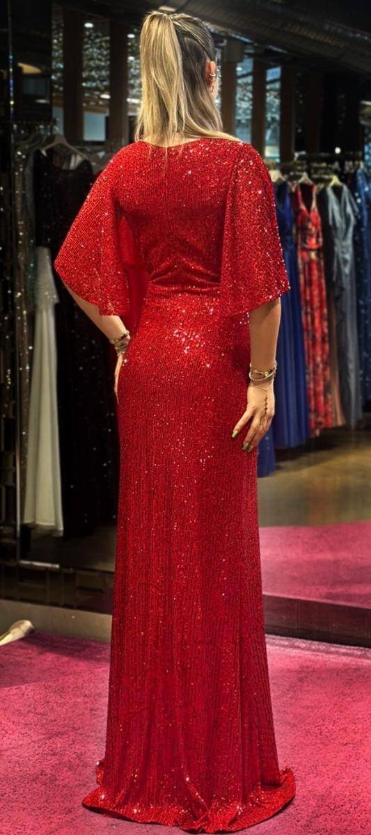 Red Short Sleeve Straight Cut Sequin Long Evening Dress 7572 - 5