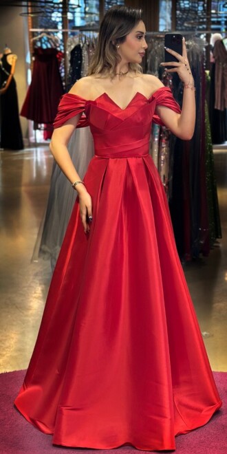 Red Slit Flared Skirt Long Evening Dress 7637 - 1