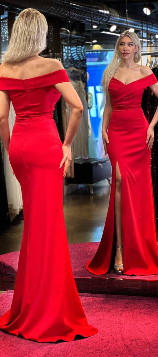 Red Slit Mermaid Skirt Crepe Long Evening Dress 7507 - 5