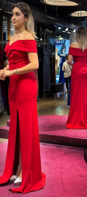 Red Slit Mermaid Skirt Crepe Long Evening Dress 7512 - 3