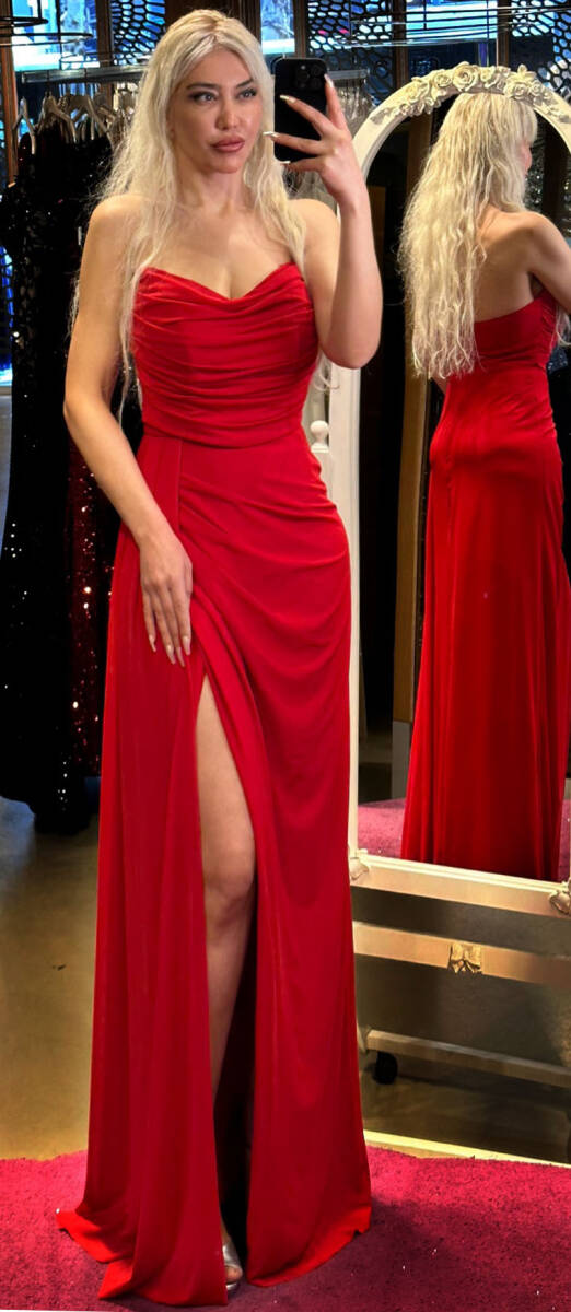 Red Slit Straight Cut Lycra Long Evening Dress 7498 - 1