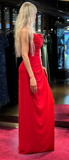 Red Slit Straight Cut Lycra Long Evening Dress 7498 - 3