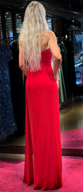 Red Slit Straight Cut Lycra Long Evening Dress 7498 - 5