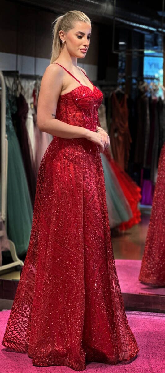 Red Spaghetti Strap Beaded Flared Skirt Glitter Fabric Long Evening Dress 7548 - 3