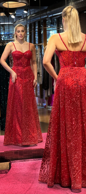 Red Spaghetti Strap Beaded Flared Skirt Glitter Fabric Long Evening Dress 7548 - 5