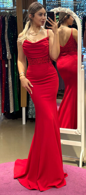 Red Spaghetti Strap Beaded Mermaid Skirt Crepe Long Evening Dress 7427 - 1