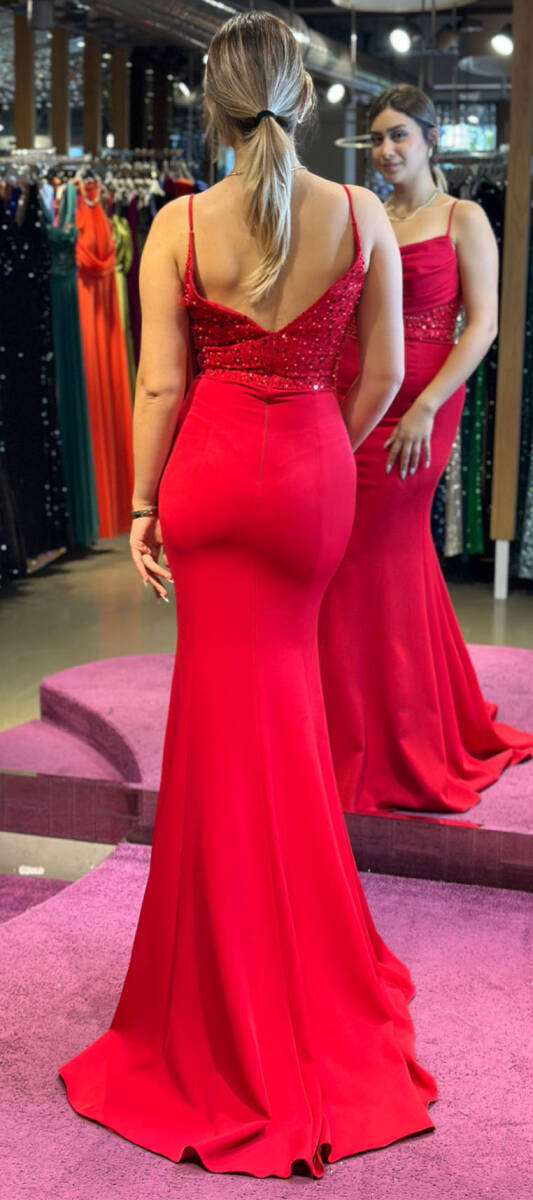 Red Spaghetti Strap Beaded Mermaid Skirt Crepe Long Evening Dress 7427 - 5