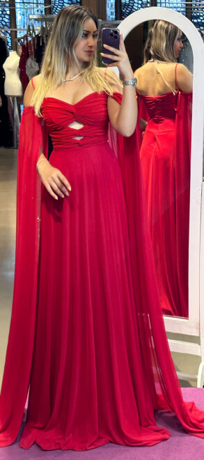 Red Spaghetti Strap Cleavage Flared Skirt Tulle Long Evening Dress 7416 - 1