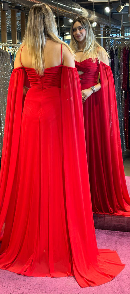 Red Spaghetti Strap Cleavage Flared Skirt Tulle Long Evening Dress 7416 - 5