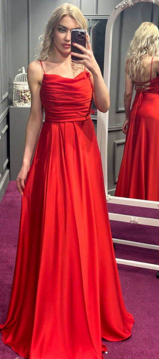 Red Spaghetti Strap Low-Cut Back Flared Skirt Satin Long Evening Dress 7281 - 1