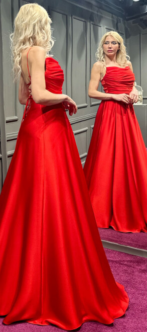 Red Spaghetti Strap Low-Cut Back Flared Skirt Satin Long Evening Dress 7281 - 3