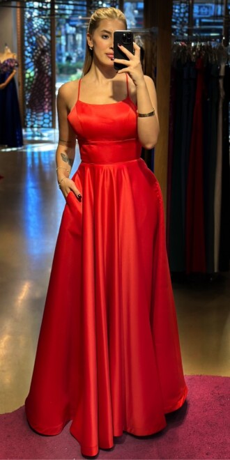 Red Spaghetti Strap Low-Cut Back Flared Skirt Satin Long Evening Dress 7590 