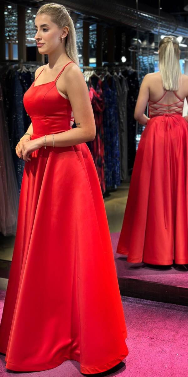 Red Spaghetti Strap Low-Cut Back Flared Skirt Satin Long Evening Dress 7590 - 3