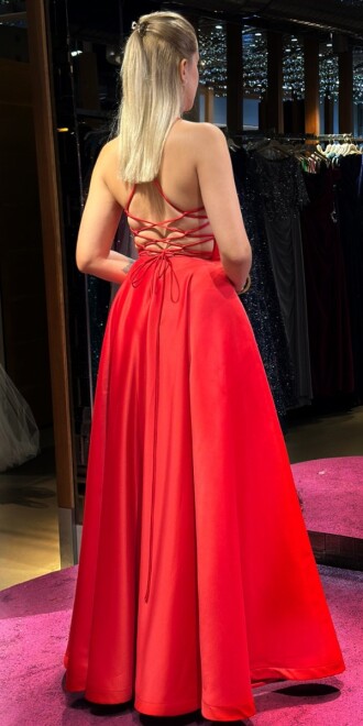 Red Spaghetti Strap Low-Cut Back Flared Skirt Satin Long Evening Dress 7590 - 5