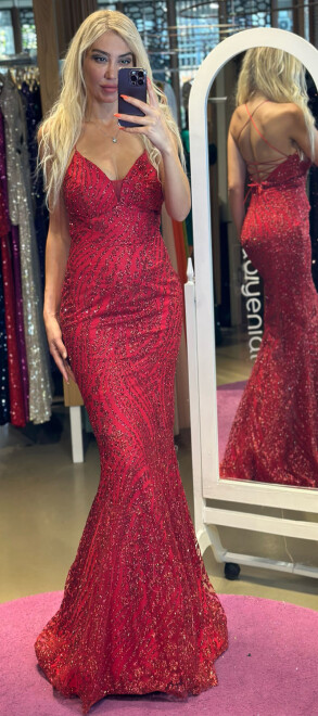 Red Spaghetti Strap Low-Cut Back Mermaid Skirt Glitter Fabric Long Evening Dress 7105 