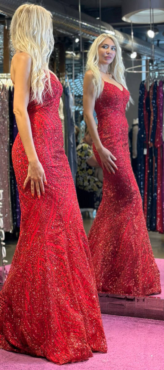 Red Spaghetti Strap Low-Cut Back Mermaid Skirt Glitter Fabric Long Evening Dress 7105 - 3