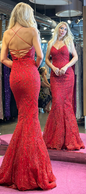 Red Spaghetti Strap Low-Cut Back Mermaid Skirt Glitter Fabric Long Evening Dress 7105 - 5